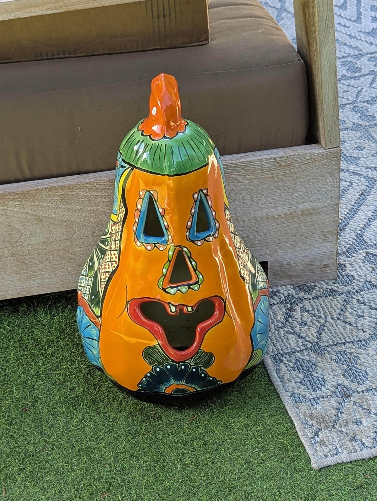 Hand-Painted Talavera Ceramic Pumpkin Lantern | Jack-o-Lantern Mexican Pottery Fall Decor