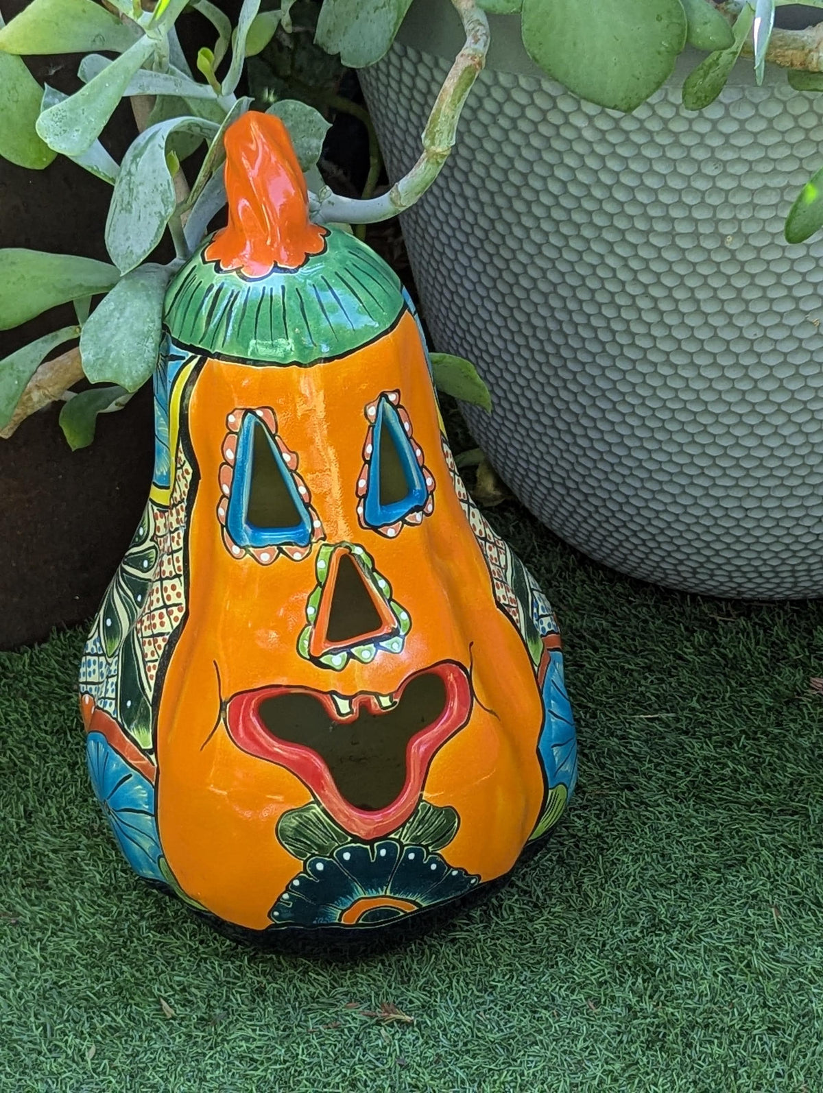 Hand-Painted Talavera Ceramic Pumpkin Lantern | Jack-o-Lantern Mexican Pottery Fall Decor