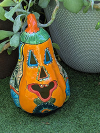 Hand-Painted Talavera Ceramic Pumpkin Lantern | Jack-o-Lantern Mexican Pottery Fall Decor
