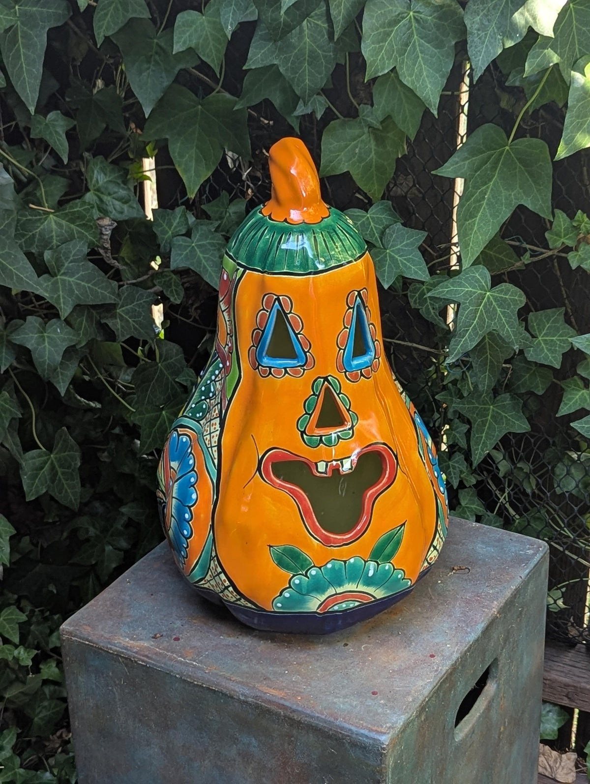 Handmade Talavera Pumpkin Jack-o'-Lantern | Ceramic Candle Holder Mexican Pottery Fall Decor