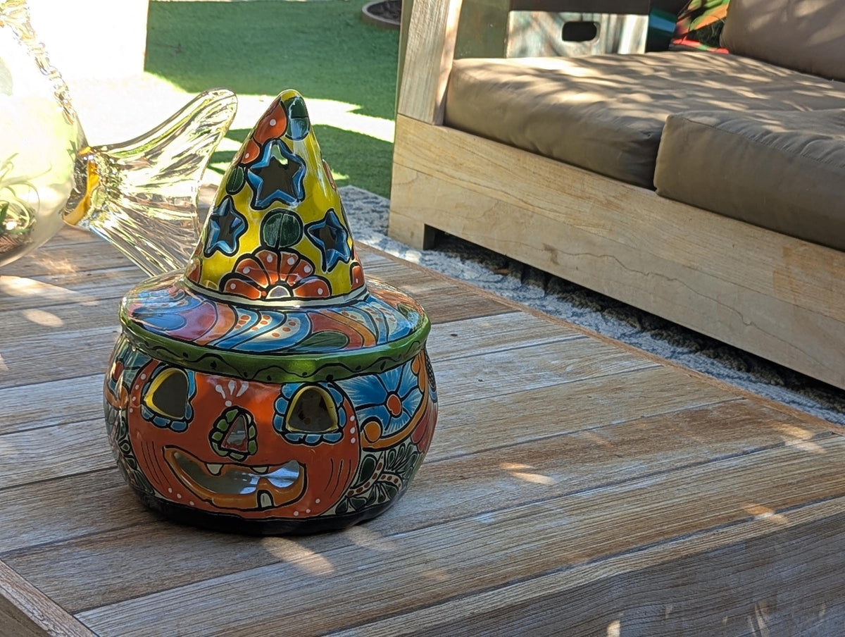 Hand-Painted Talavera Pumpkin Halloween Decor | Jack-o-Lantern Mexican Pottery | Ceramic Candle Holder