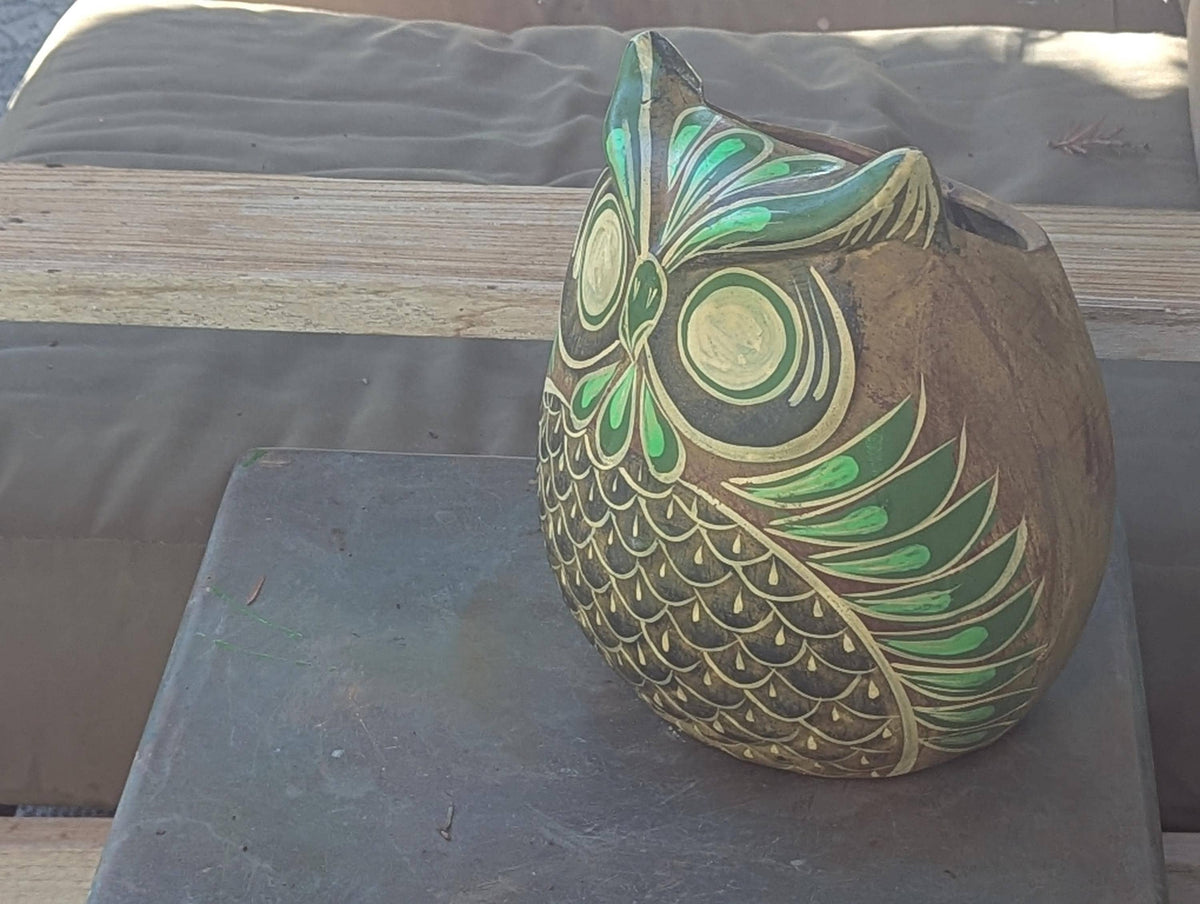 Handmade Mexican Clay Owl Planter | Emerald Green Folk Art Pottery (9" Tall)