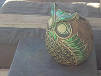 Handmade Mexican Clay Owl Planter | Emerald Green Folk Art Pottery (9" Tall)