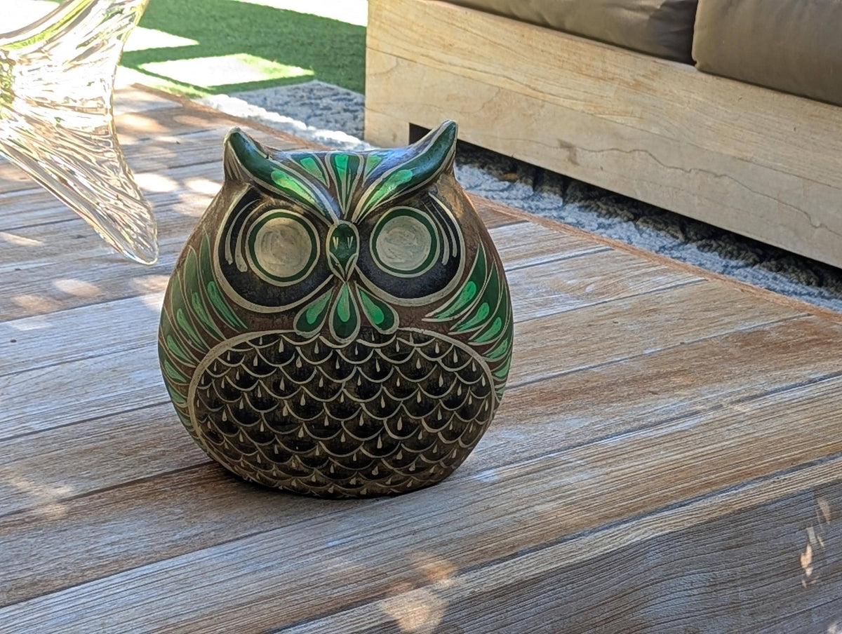 Handmade Mexican Clay Owl Planter | Emerald Green Folk Art Pottery (9" Tall)
