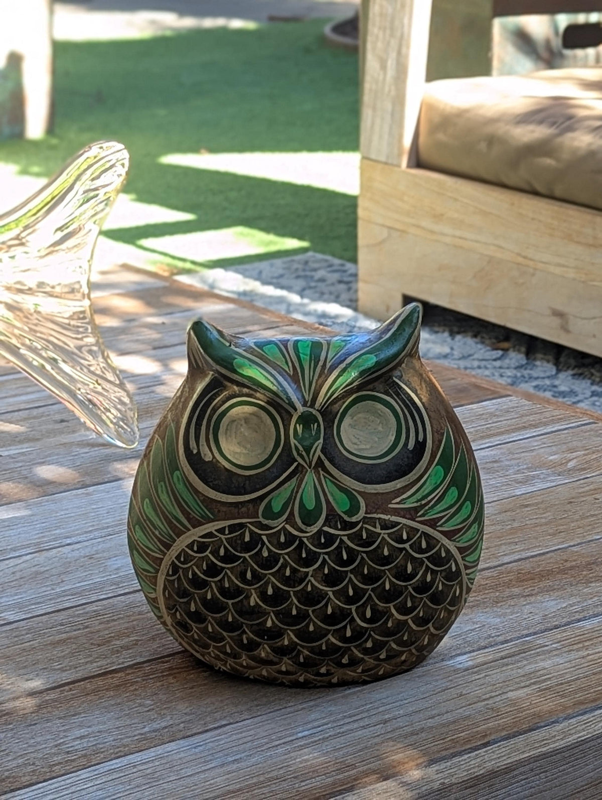 Handmade Mexican Clay Owl Planter | Emerald Green Folk Art Pottery (9" Tall)