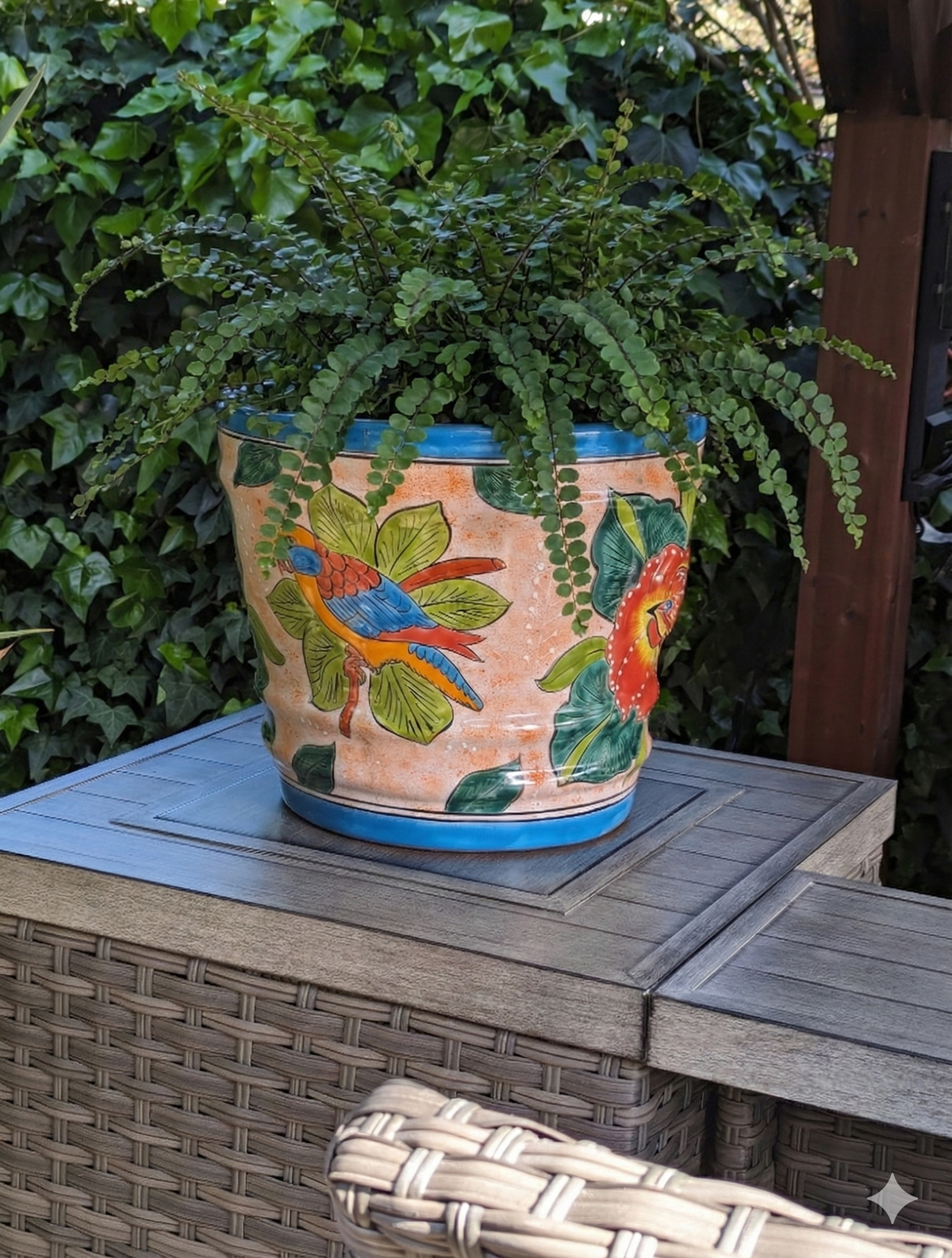 Parrot Flower Pot | 10.5 inch Round Ceramic Planter is Handmade Mexican Pottery for Outdoor Garden Decor, Indoor Home Decor, or Centerpiece from https://luv2brd.com