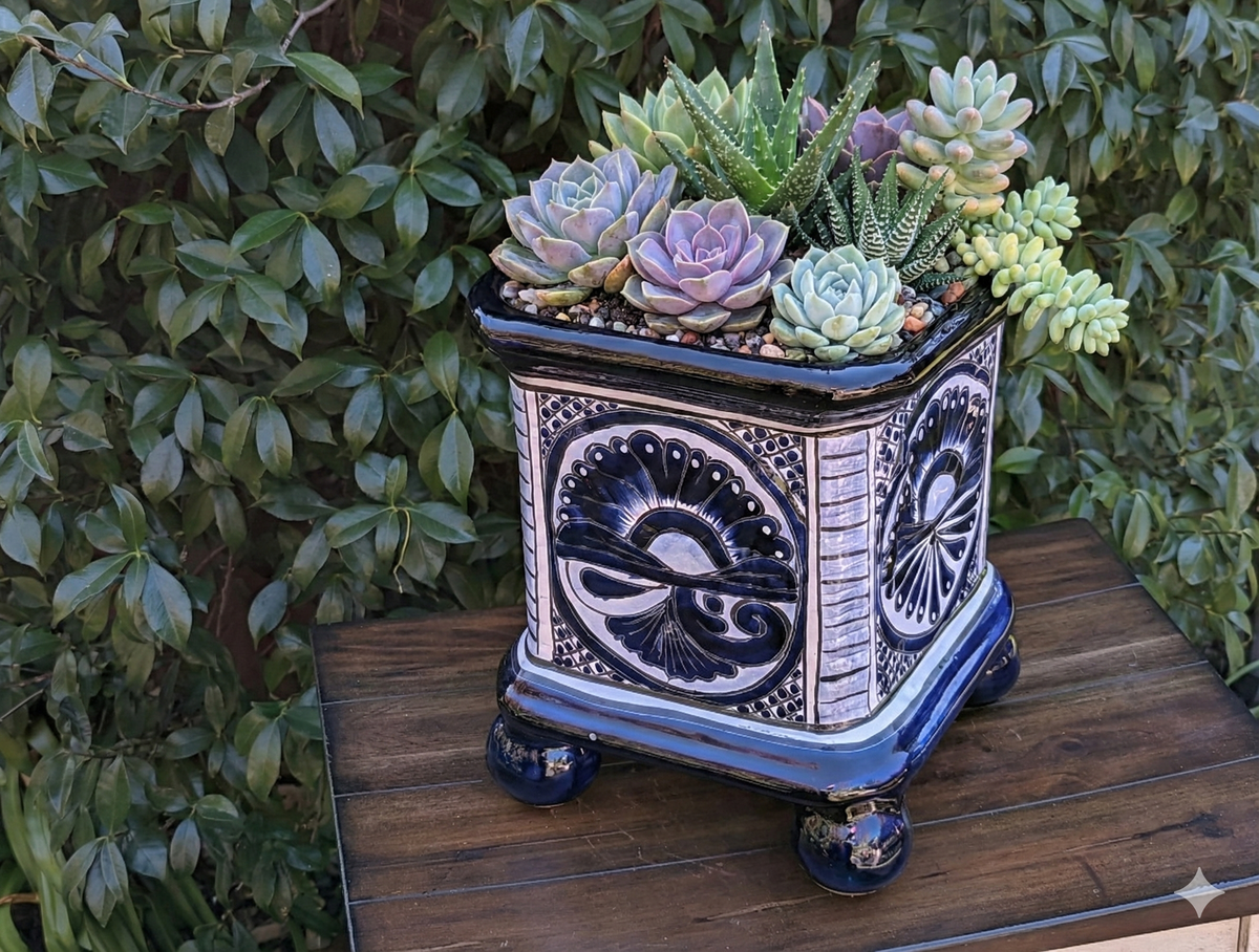 Decorative hexagonal planter with succulents on a wooden surface with green foliage in the background