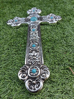 Recycled Aluminum Cross With Blue Gem, Handmade Cross Wall Decor, Cross Wall Art, Medium Cross Decor, Religious Cross