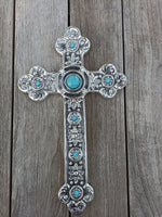 Recycled Aluminum Cross With Blue Gem, Handmade Cross Wall Decor, Cross Wall Art, Medium Cross Decor, Religious Cross