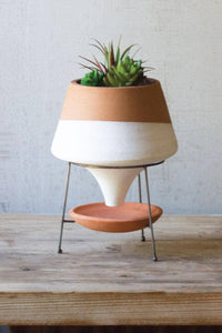 Natural &amp; White Terracotta Funnel Planter with Wire Base, Indoor Flower Pot Housewarming Gift for Her 