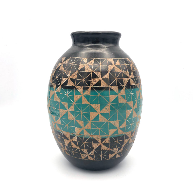 Ceramic Decorative Vessel for Dried Flowers, Handmade Home Decor from Nicaragua, Turquoise Geometric