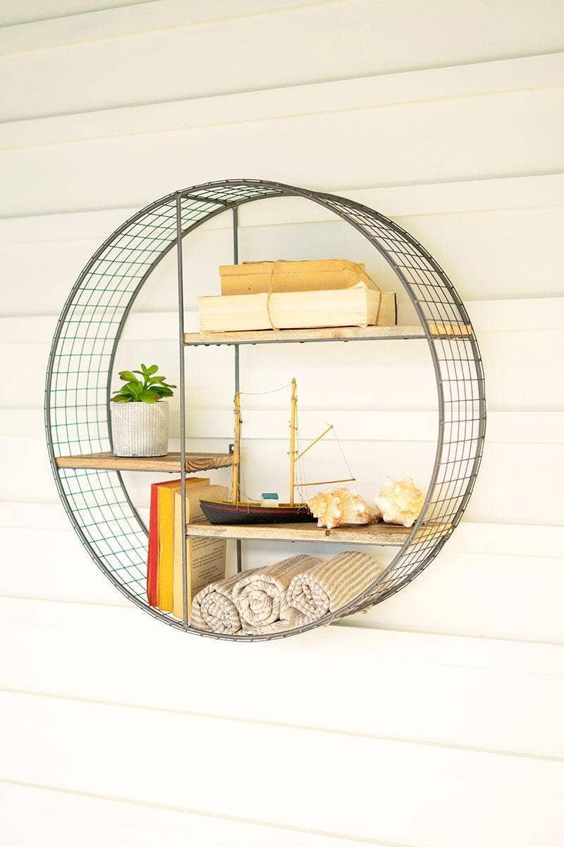 Round Wire Mesh and Recycled Wooden Hanging Wall Shelf Decor, Home Decor Housewarming Gift for Her 
