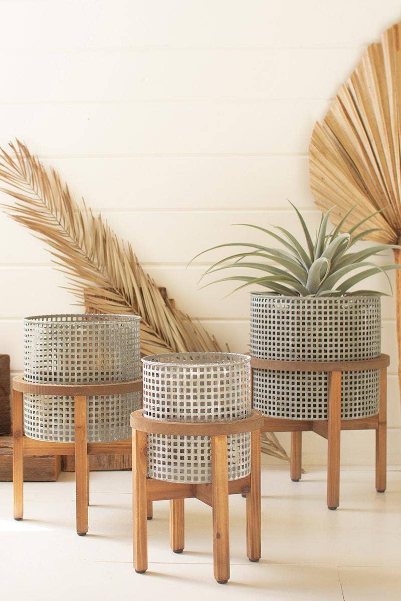 Set of 3 Woven Metal Planters with Wood Stands, Indoor Flower Pot Home Decor Housewarming Gift for Her