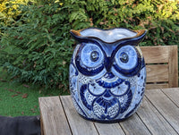 Gorgeous Blue Owl Planter is 14" Ceramic Flower Pot & Handmade Talavera Pottery from Mexico, Big Bold Garden Art and Yard Decor