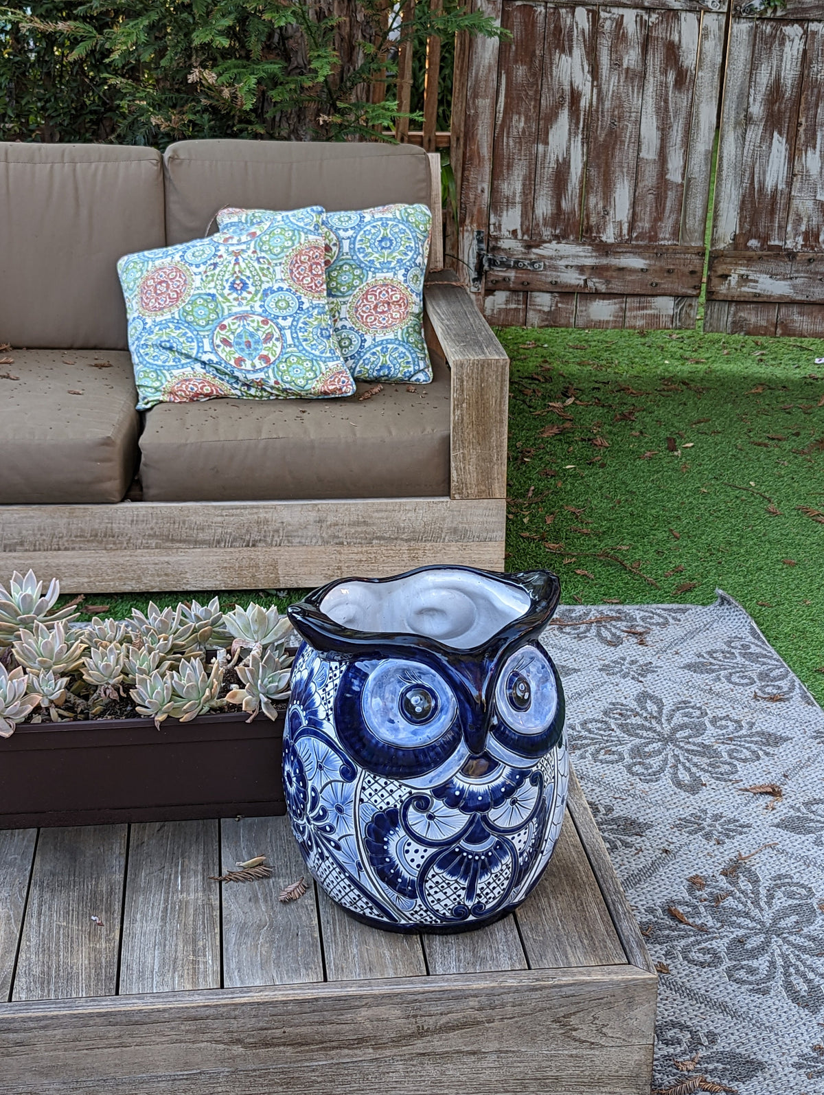 Gorgeous Blue Owl Planter is 14" Ceramic Flower Pot & Handmade Talavera Pottery from Mexico, Big Bold Garden Art and Yard Decor