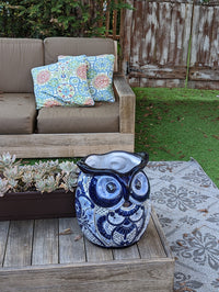 Gorgeous Blue Owl Planter is 14" Ceramic Flower Pot & Handmade Talavera Pottery from Mexico, Big Bold Garden Art and Yard Decor