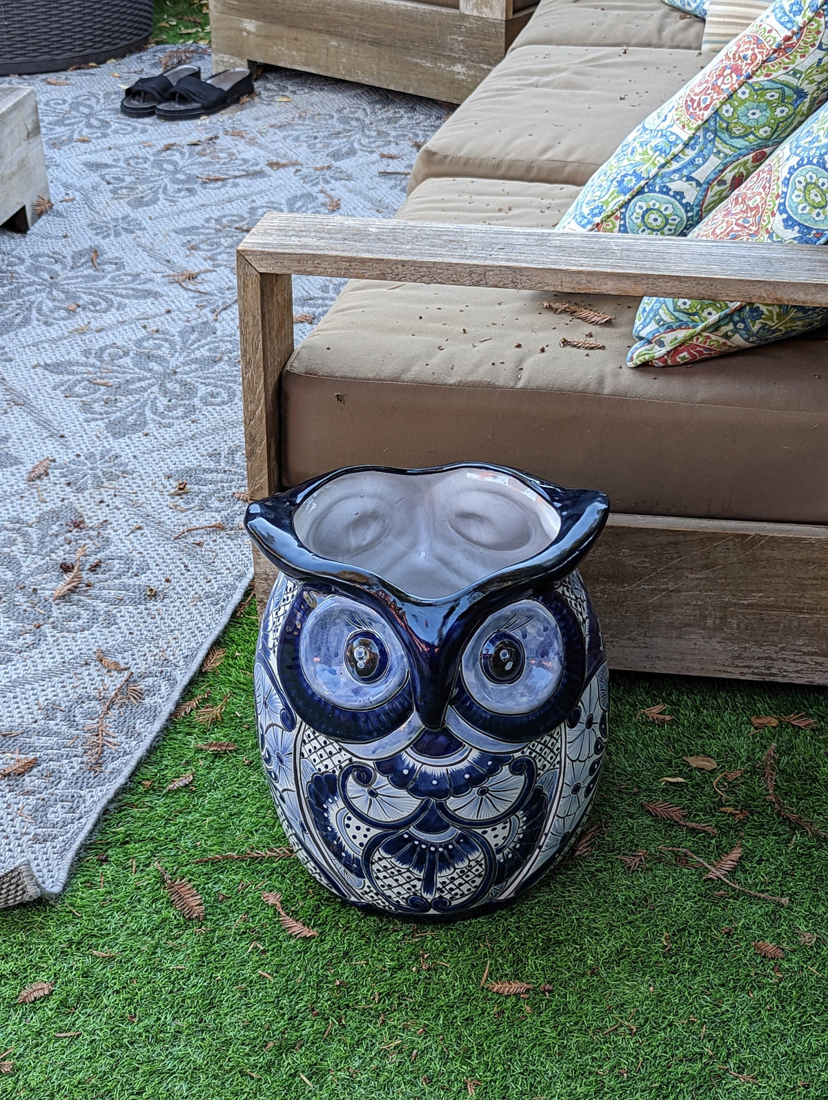 Gorgeous Blue Owl Planter is 14" Ceramic Flower Pot & Handmade Talavera Pottery from Mexico, Big Bold Garden Art and Yard Decor