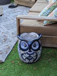 Gorgeous Blue Owl Planter is 14" Ceramic Flower Pot & Handmade Talavera Pottery from Mexico, Big Bold Garden Art and Yard Decor