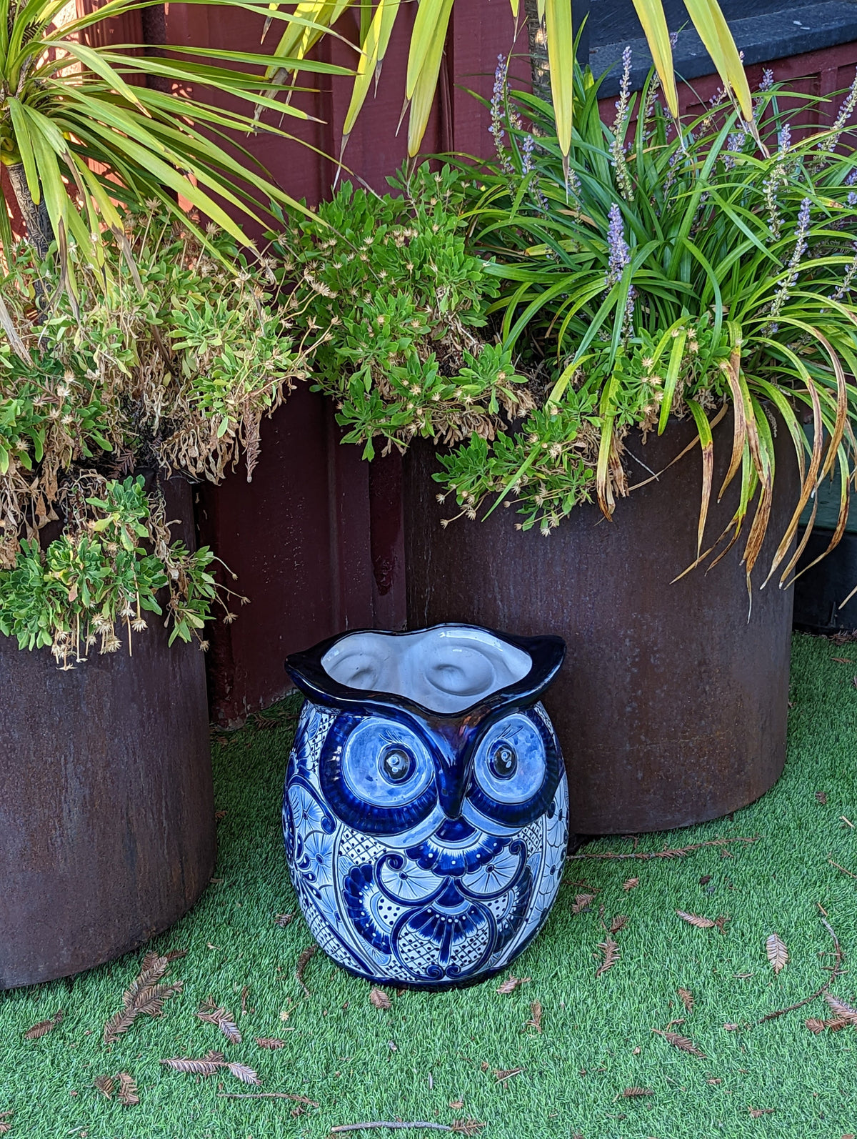 Gorgeous Blue Owl Planter is 14" Ceramic Flower Pot & Handmade Talavera Pottery from Mexico, Big Bold Garden Art and Yard Decor