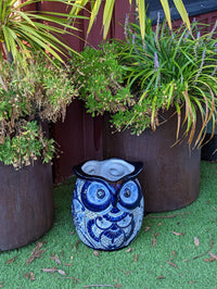 Gorgeous Blue Owl Planter is 14" Ceramic Flower Pot & Handmade Talavera Pottery from Mexico, Big Bold Garden Art and Yard Decor
