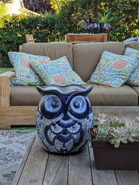 Gorgeous Blue Owl Planter is 14" Ceramic Flower Pot & Handmade Talavera Pottery from Mexico, Big Bold Garden Art and Yard Decor