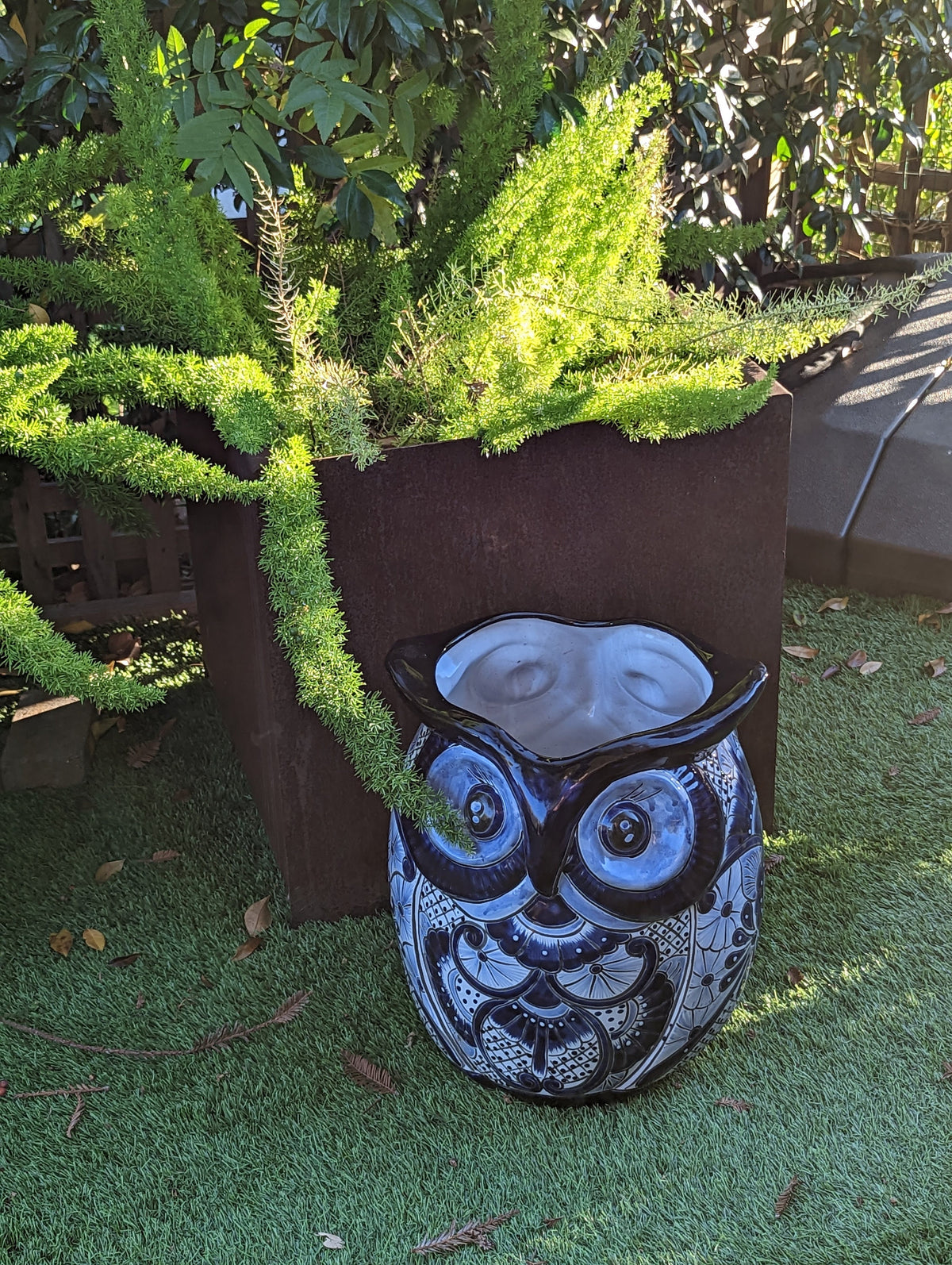 Gorgeous Blue Owl Planter is 14" Ceramic Flower Pot & Handmade Talavera Pottery from Mexico, Big Bold Garden Art and Yard Decor