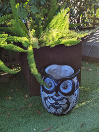 Gorgeous Blue Owl Planter is 14" Ceramic Flower Pot & Handmade Talavera Pottery from Mexico, Big Bold Garden Art and Yard Decor