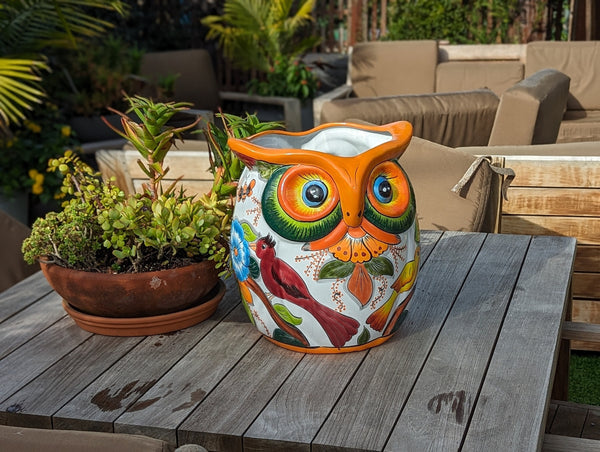 Ceramic Owl Planter is a Gorgeous Talavera Flower Pot Bursting with Birds & Color | Use as Outdoor Garden Decor | 14" Tall