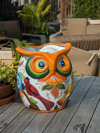 Ceramic Owl Planter is a Gorgeous Talavera Flower Pot Bursting with Birds & Color | Use as Outdoor Garden Decor | 14" Tall