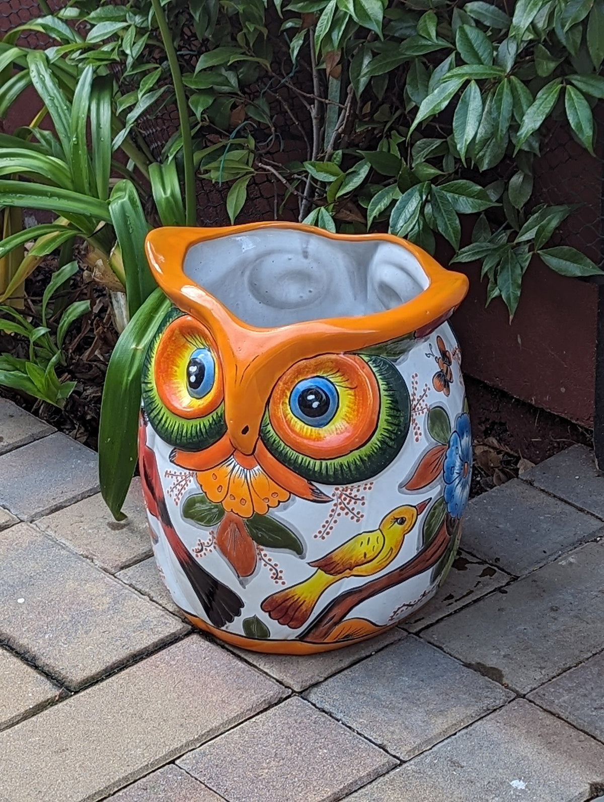 Ceramic Owl Planter is a Gorgeous Talavera Flower Pot Bursting with Birds & Color | Use as Outdoor Garden Decor | 14" Tall