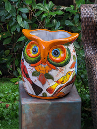 Ceramic Owl Planter is a Gorgeous Talavera Flower Pot Bursting with Birds & Color | Use as Outdoor Garden Decor | 14" Tall