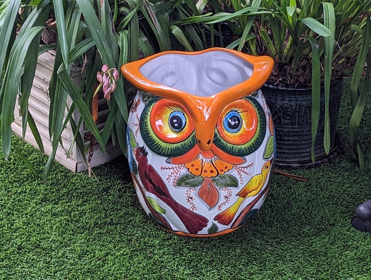 Ceramic Owl Planter is a Gorgeous Talavera Flower Pot Bursting with Birds & Color | Use as Outdoor Garden Decor | 14" Tall
