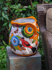 Ceramic Owl Planter is a Gorgeous Talavera Flower Pot Bursting with Birds & Color | Use as Outdoor Garden Decor | 14" Tall