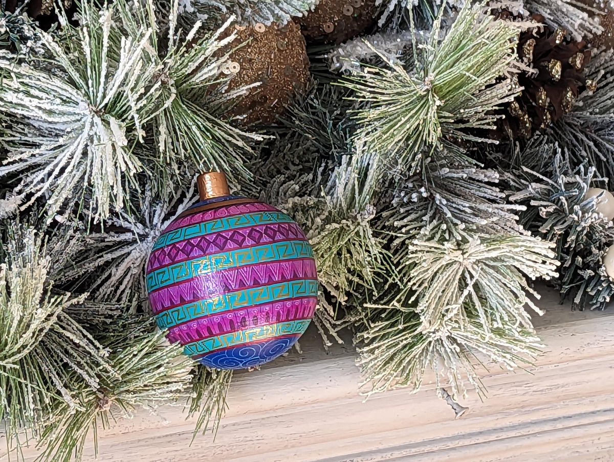 Christmas Tree Ornaments, Hand Painted Wood Ornament for Christmas Tree is Mexican Christmas Decor of festive holiday patterns & bold colors