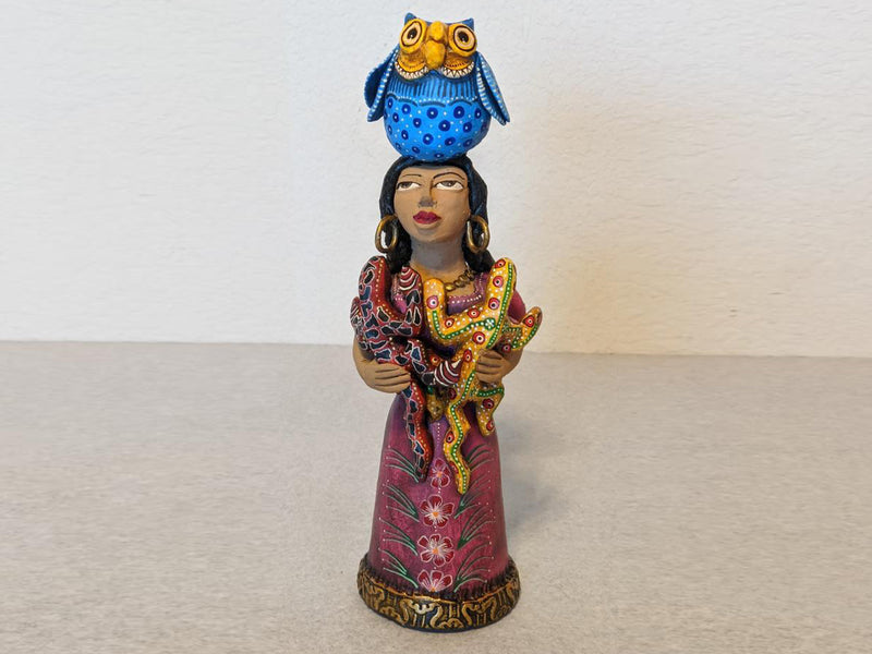 Woman Animal Vendor, Owl Home Decor Mexican Folk Art, Handmade Woman Figurine Statue, Clay Pottery Original Art from Oaxaca, Mexico