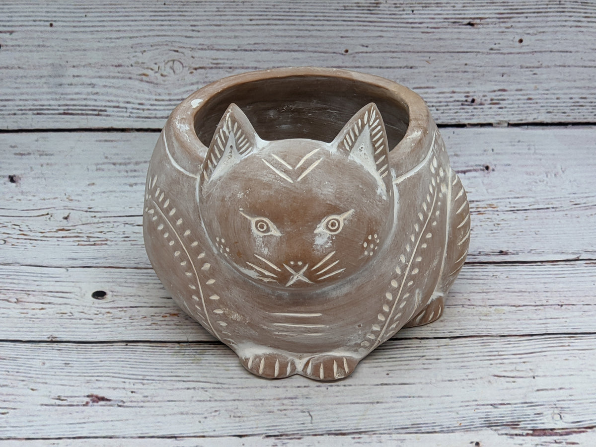 Crouching Cat Planter, Handmade Terracotta Flower Pot Garden Art and Home Decor