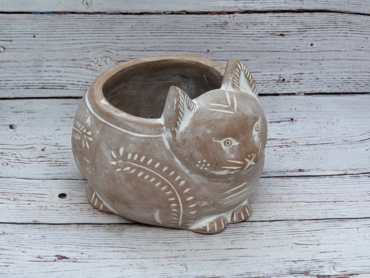 Crouching Cat Planter, Handmade Terracotta Flower Pot Garden Art and Home Decor