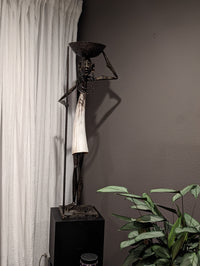 African Nomad Plant Pedestal, Handmade of Metal & Cow Horn, Home Decor Housewarming Gift for Her