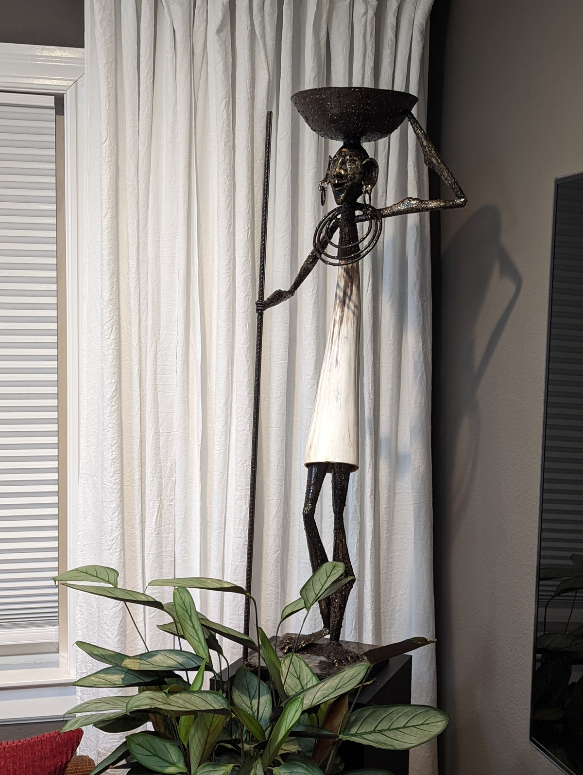 African Nomad Plant Pedestal, Handmade of Metal & Cow Horn, Home Decor Housewarming Gift for Her