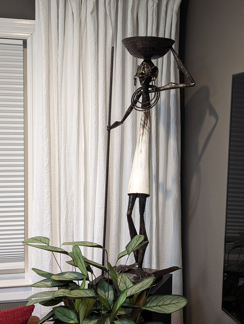 African Nomad Plant Pedestal, Handmade of Metal & Cow Horn, Home Decor Housewarming Gift for Her