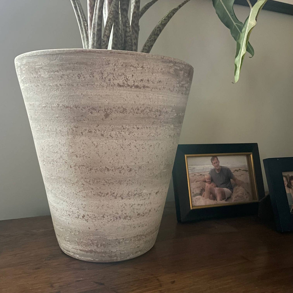 Concrete White-washed Terracotta Planter With drainage plate, Cute Flower Pot from Nicaragua, Large