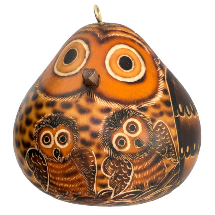 Owl Mom &amp; Owlet Gourd Ornament, Handmade Fall Home Decor Housewarming Gift for Her 