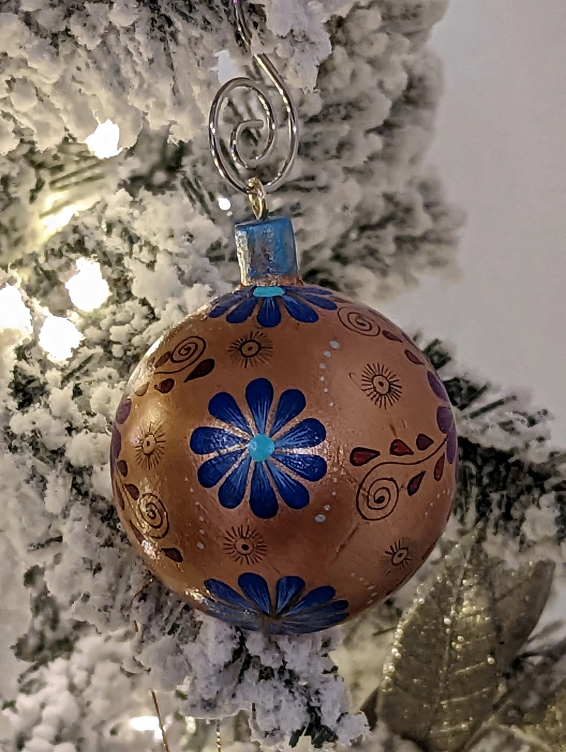 Christmas Ornament, Home Made Christmas Tree Bulbs of Various Festive Floral Patterns, Hand Painted Wooden Ornament of Oaxaca, Mexico