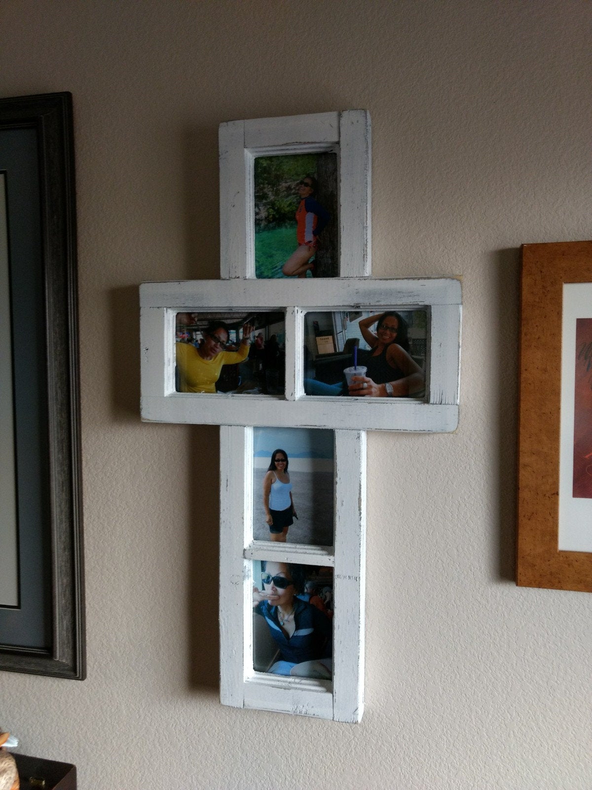 5x7 Wood Cross 5 Picture Frame, Window Style, Rustic Home Decor, Distressed Farmhouse Look, 5 Photo Frame, Handmade in Texas USA, Free S/H