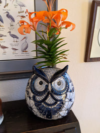 Ceramic Owl Flower Pot - Talavera Blue Mexico Decor, Indoor or Outdoor