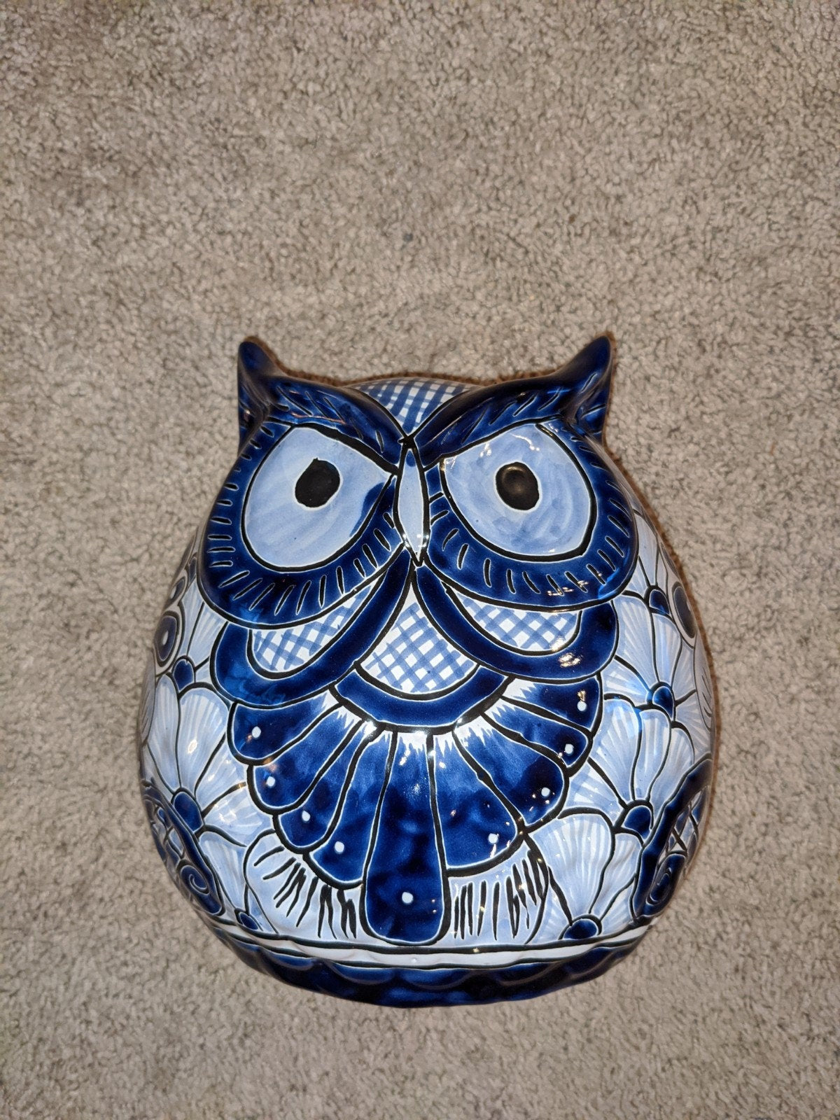 Ceramic Owl Flower Pot - Talavera Blue Mexico Decor, Indoor or Outdoor