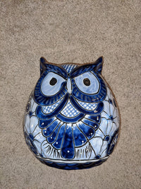Ceramic Owl Flower Pot - Talavera Blue Mexico Decor, Indoor or Outdoor