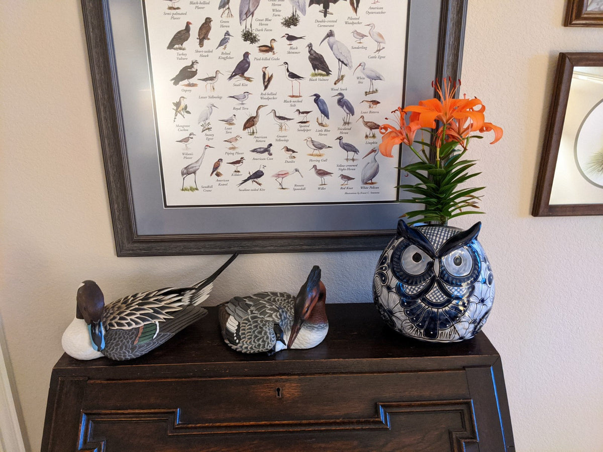 Ceramic Owl Flower Pot - Talavera Blue Mexico Decor, Indoor or Outdoor