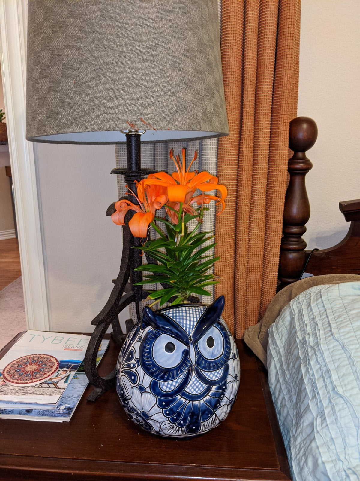 Ceramic Owl Flower Pot - Talavera Blue Mexico Decor, Indoor or Outdoor