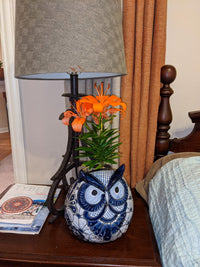 Ceramic Owl Flower Pot - Talavera Blue Mexico Decor, Indoor or Outdoor